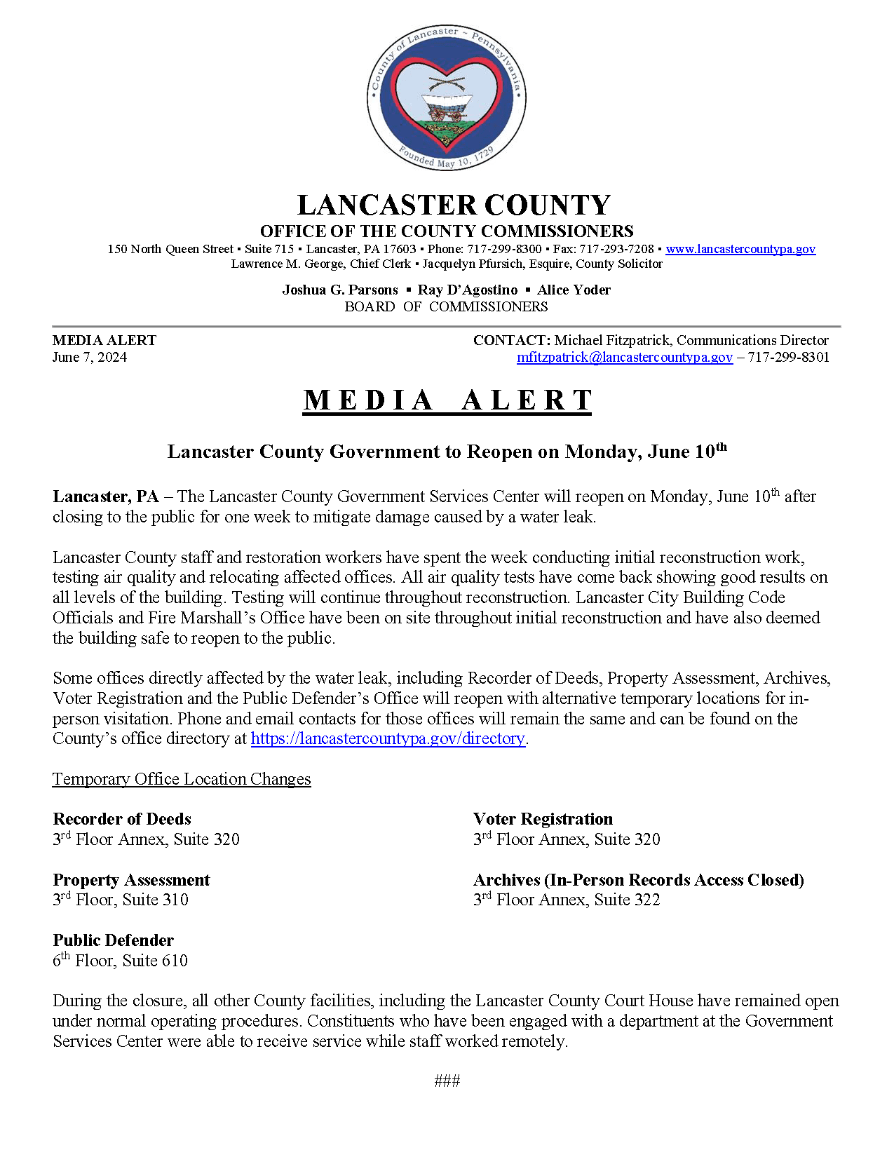 Media Alert - Water Leak 6-7 Reopening