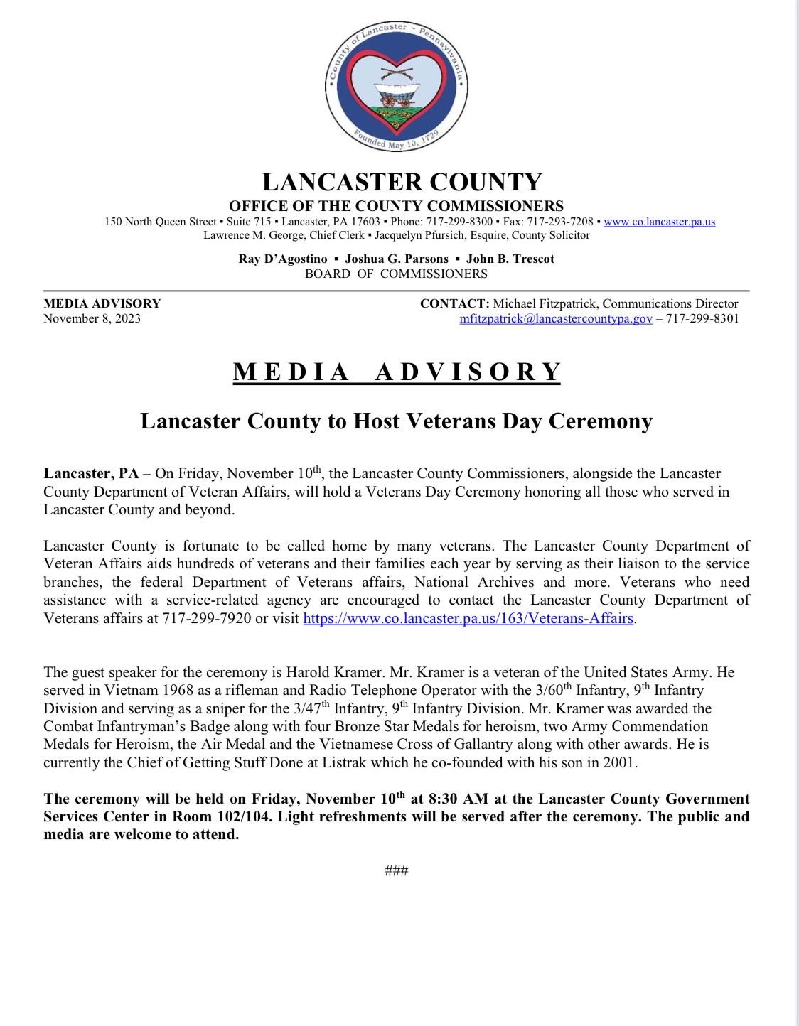 Media Advisory - Veterans Day Ceremony jpeg