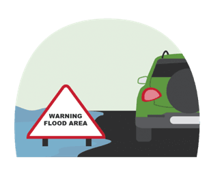 Hazard sign with warning flood area. Car driving next to flood waters.
